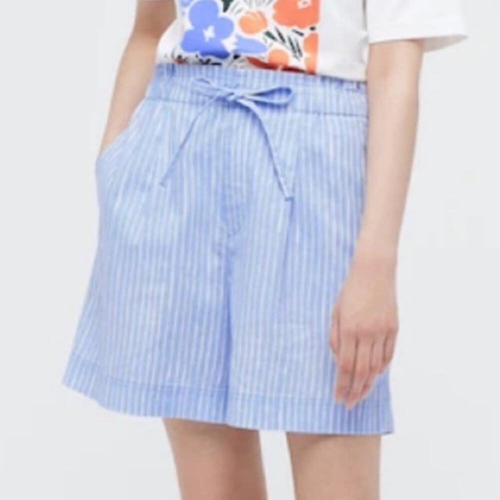 Uniqlo Marimekko Linen Blend Stripe Pull On Shorts Blue White Women’s L NWT